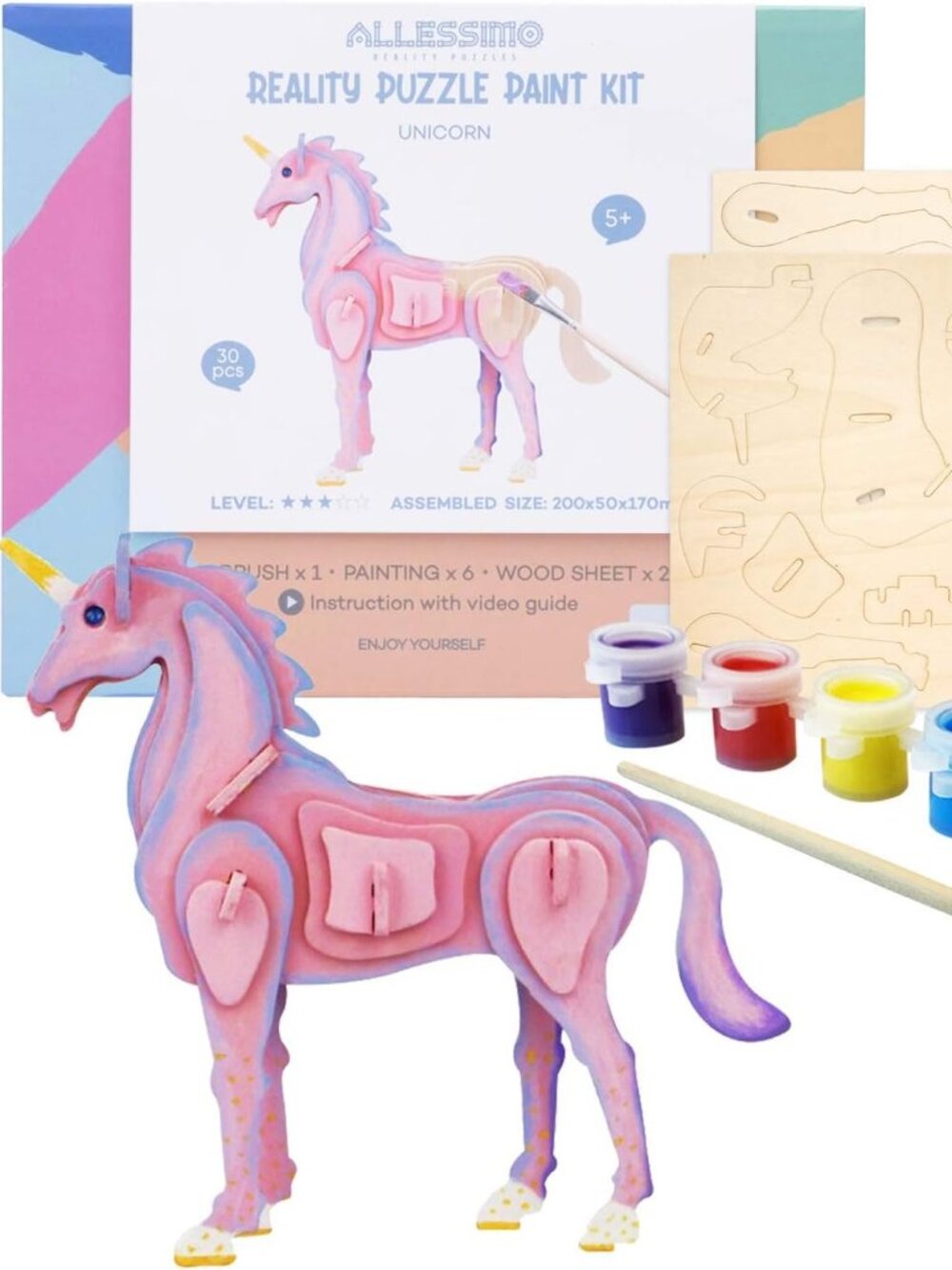 Allessimo - Create + Paint 3D Paint Wood Puzzle (Unicorn)